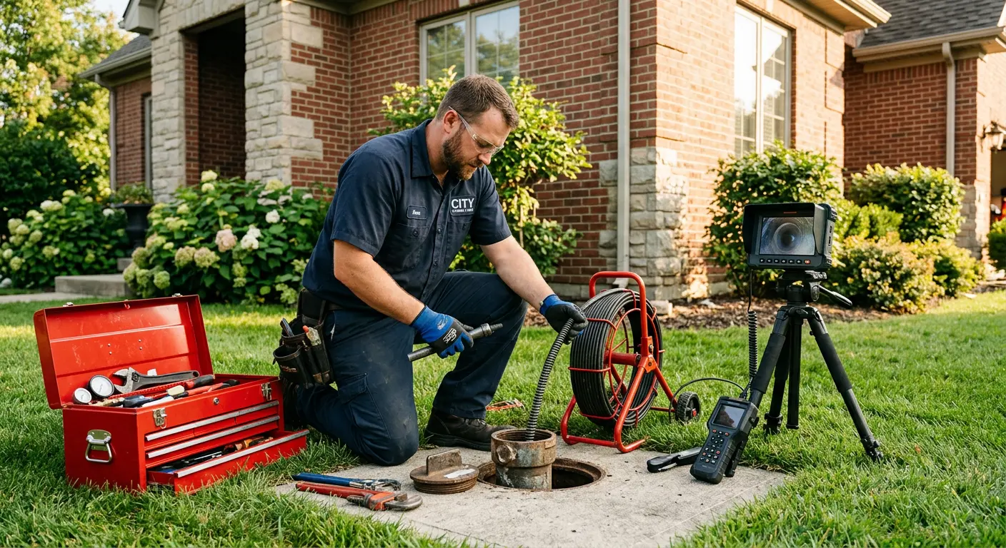 Sewer specialist with camera equipment servicing a cleanout in Joplin