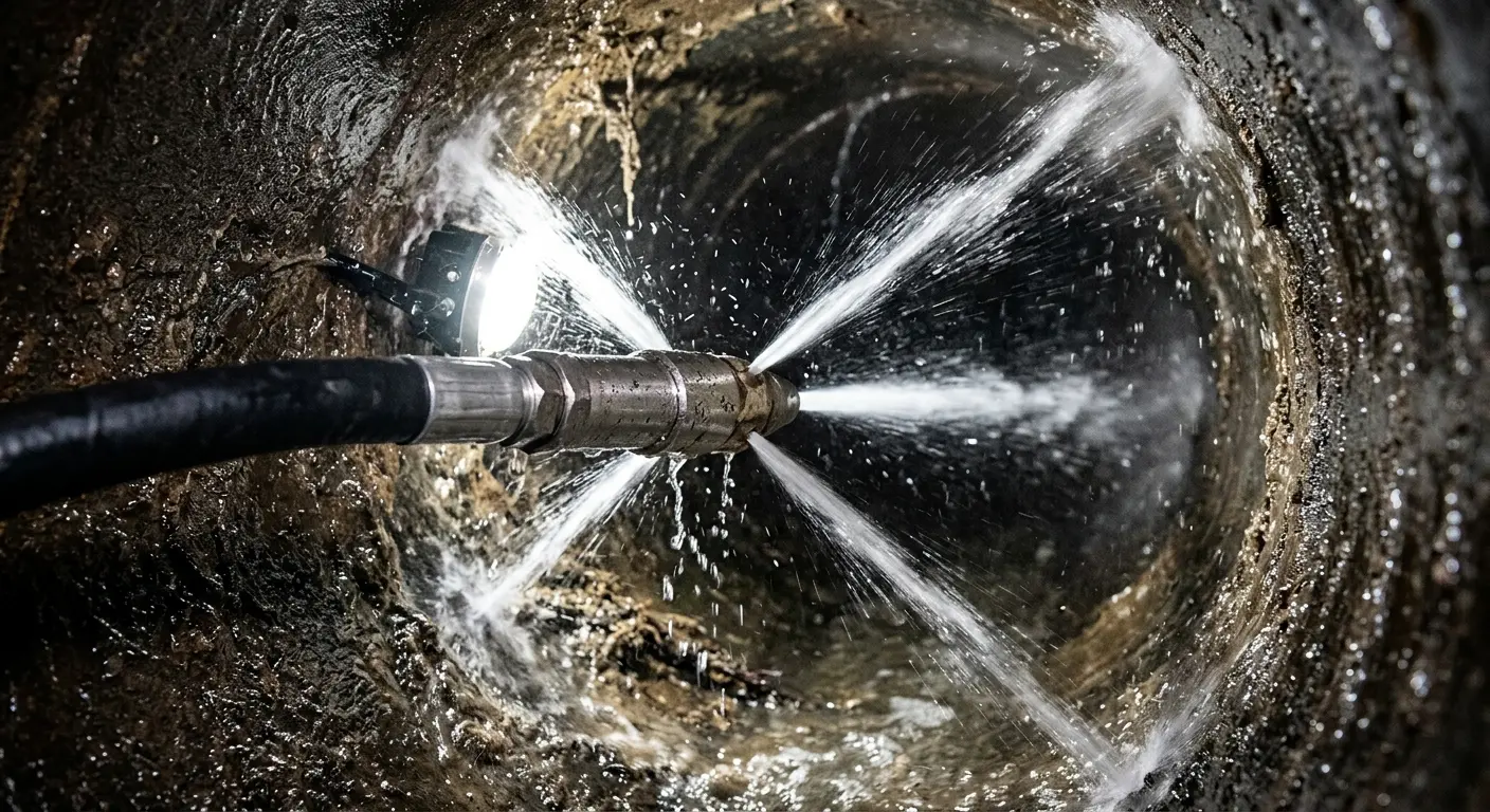 High-pressure hydro jetting nozzle cleaning sewer pipe for Sewer Cleanout in Joplin