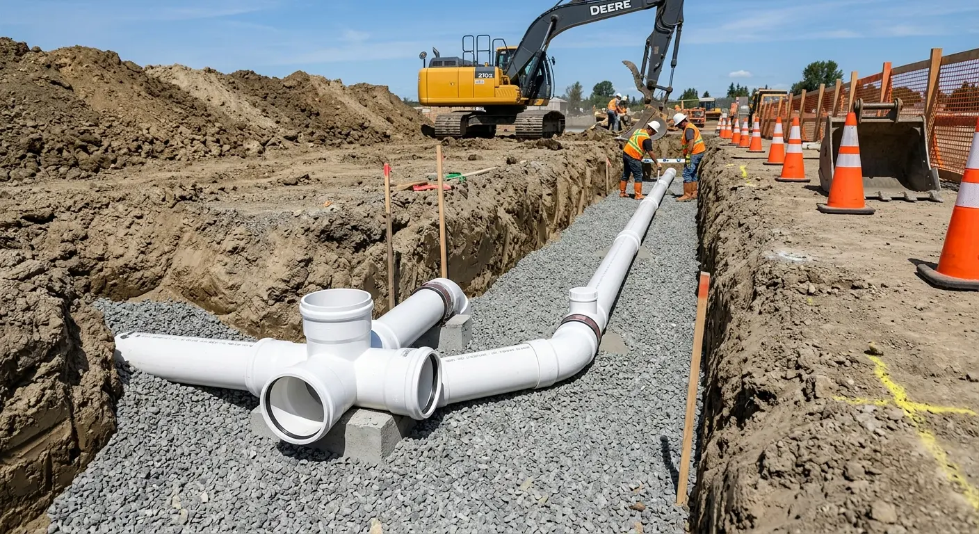 New PVC sewer pipe installation in open trench for Grease Trap Cleaning in Joplin