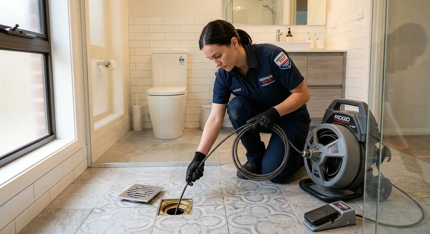 Technician clearing a bathroom floor drain for Clogged Drain Repair in Joplin